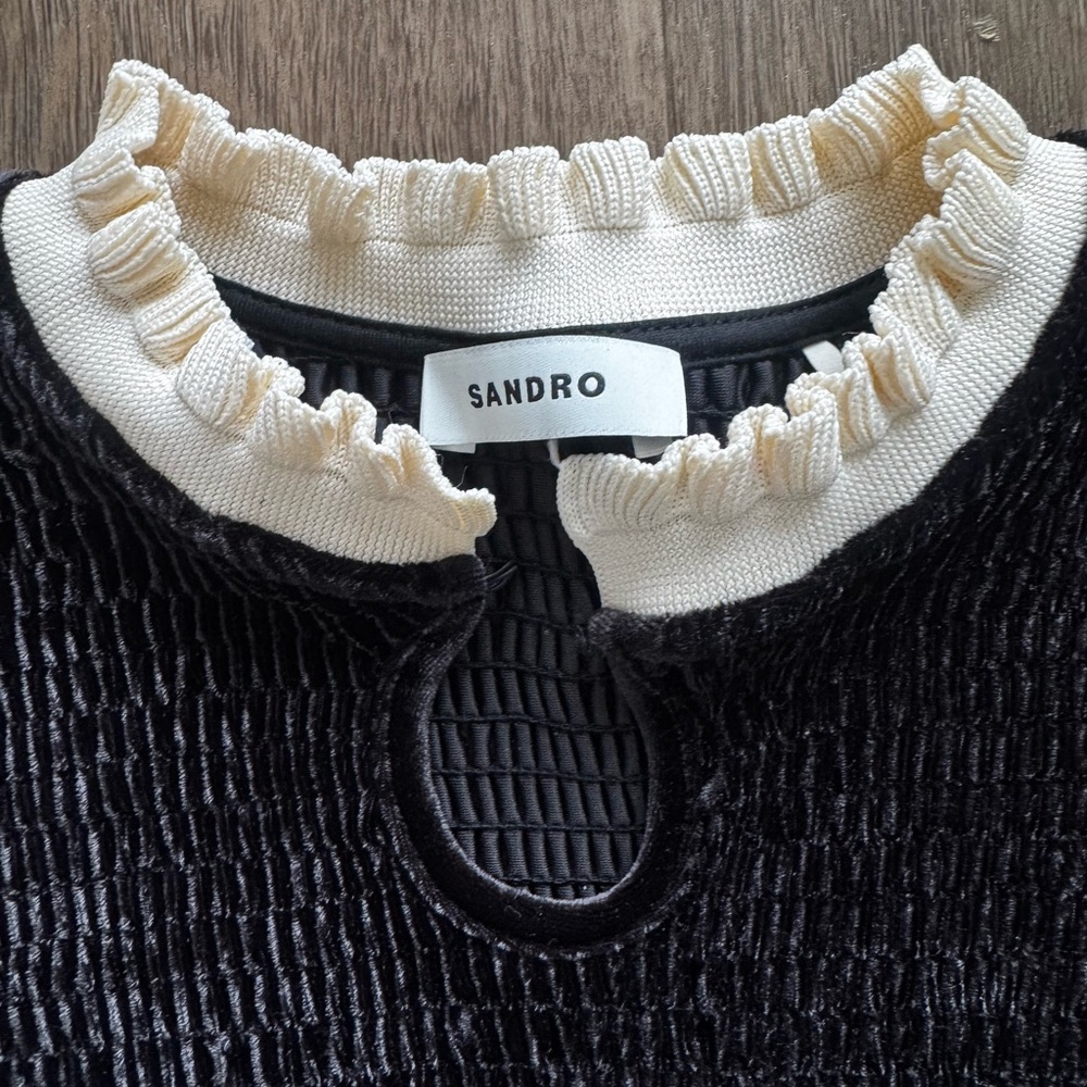 Sandro Black Long-Sleeve Ruffle-Trim Top with Cream Accents - Picture 5 of 8